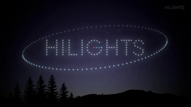 Formation de 200 drones lumineux : le logo HILIGHTS entouré d'un anneau