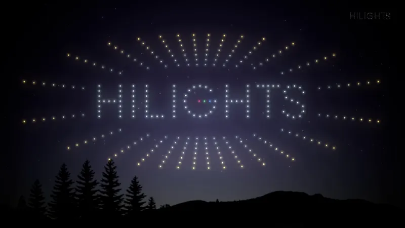 Formation de 300 drones lumineux : le logo HILIGHTS et des rayons lumineux