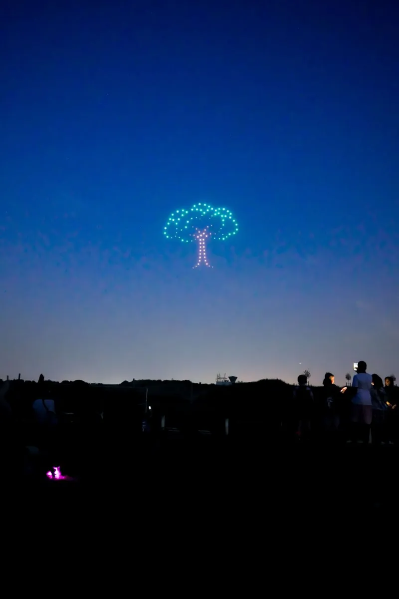 Arbre dessiné par les drones dans le ciel bleu du soir