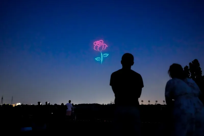 Rose dessinée en drones lumineux au-dessus du public