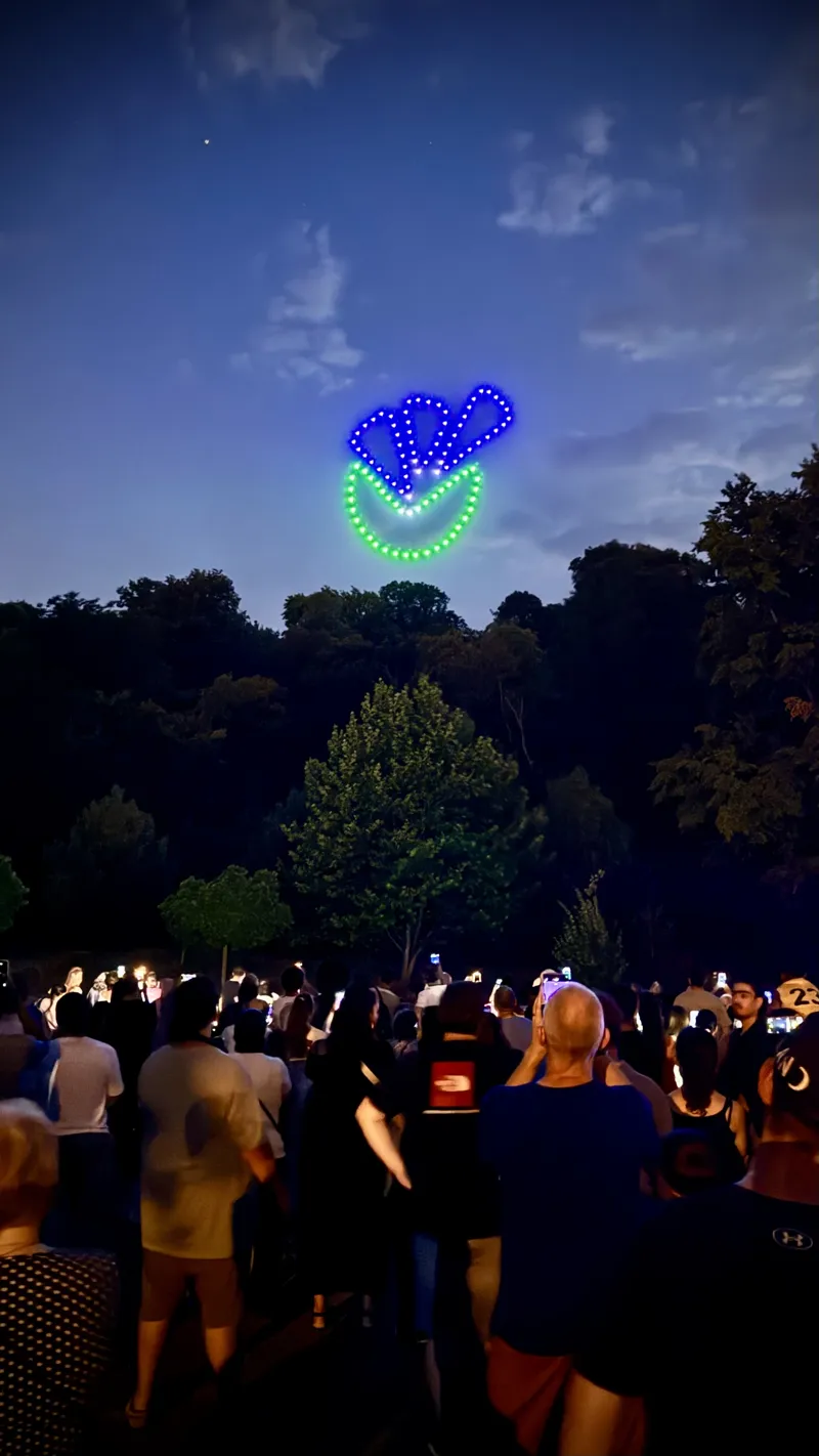 Figure bleue et verte dessinée par les drones au-dessus du public de Nogent-sur-Oise