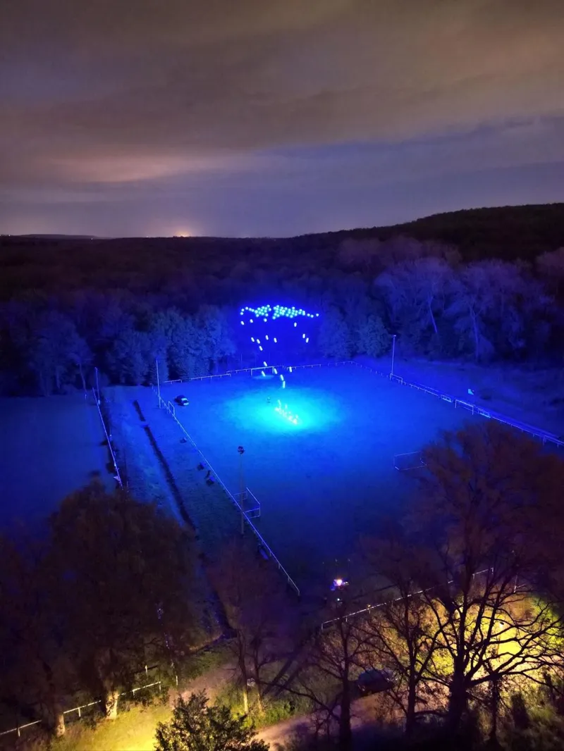 Figure bleue en drones lumineux au-dessus d'un terrain entouré de forêt