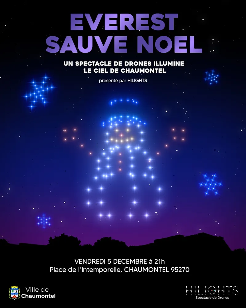 Affiche du spectacle de drones « Everest sauve Noël » à Chaumontel