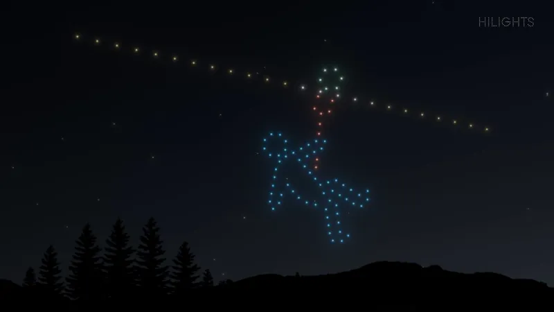 Aperçu du spectacle : personnage lumineux suspendu à une ligne de drones