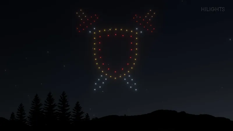 Aperçu du spectacle : blason de Sherwood formé par les drones